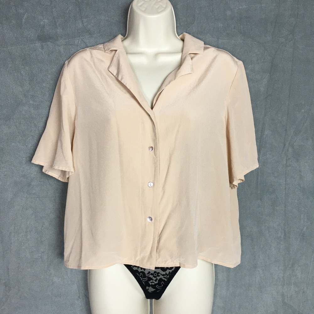 L'AGENCE Silk Blouse‎ S/P Ivory Blush Short Sleeve Button Classic Timeless Boxy